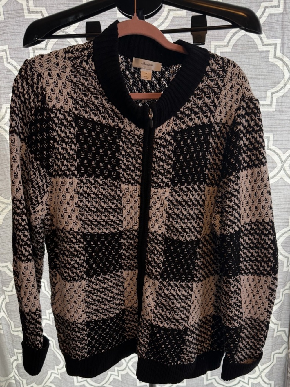 1X CJ Banks Black and white Zip-Up Checker Knit Sweater cuffed sleeve light pill